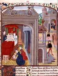 The birth of Alexander the Great (356-323 BC), son of Olympias and Nectanebo II. Miniature from 