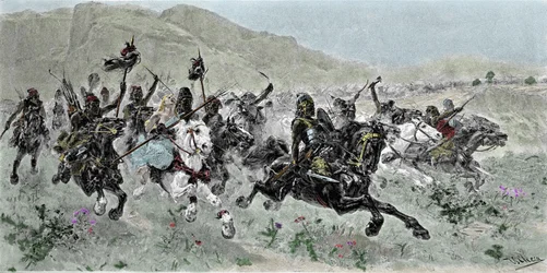 The charge of the Huns led by Attila, deferring on Italy, 5th century (engraving by U. Checa)