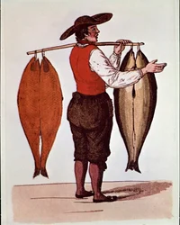 The cries of Paris: a walking salmon merchant smokes Elbe. Anonymous 19th century print