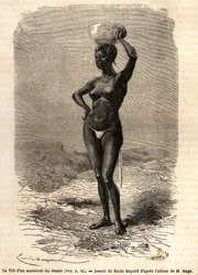 The daughter of a marabout from Oualet (Mauritania), wearing a jatte on his head to make black soap. Engraving to illustrate the voyage to Western Sudan of Lieutenant (Navy) M.Mage, in 1863-1866, published in 
