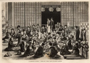 The dining room of the Yokohama Theatre is permanently filled, even during the performance. Engraving to illustrate the journey to Japan, by Aime Humbert, minister of the Swiss Confederation, in 1863-1864, published in 
