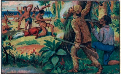 The fight with the savages. Illustration for the book of Daniel Defoe 