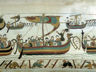The fleet of William I the Conqueror crosses the Channel towards England. Bayeux tapestry or Embroidery by Queen Mathilde
