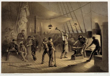 The forge on deck. Night of August 9th preparing the iron plating for capstan - in 