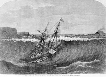 The giant wave of the December 1867 tsunami in Saint Thomas, Virgin Islands falls on the wheeled boat La Plata. Engraving of the 19th century.