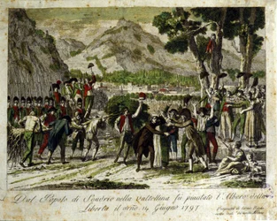 The inhabitants of Sondrio de la Valtellina plant the tree of Liberty, symbol of victory over the Old Regime. Engraving