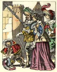 The king, the princess and the Marquis of Carabas arrive at the castle of the ogre precedes the Cat boot. Illustration of the tale 