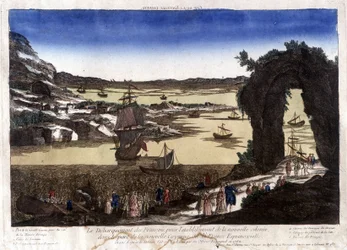 The landing of the French for the establishment of the new colony in the port of Nouvelle Cayenne (or France Equinoxiale)