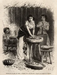 The manufacture of corn bread, the basis of food, by women of the Great Cauca Valley (Colombia). Engraving to illustrate the voyage to New Granada, by Dr. Saffray, in 1869, published in “Le tour du monde” 1873, edited by Edouard Charton