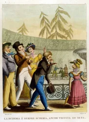 The saying: “A monkey, even clothed in silk, remains a monkey” (The coat does not make the monk). Illustration from a collection of 18th century proverbs