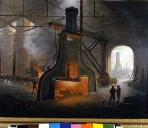The steam hammer, invented by J. Nasmyth, in action used in metallurgy plants in Manchester