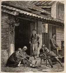 The threshold of a village inn in Japan, the hostesses serve as the host for their habitual guests. Engraving to illustrate the voyage to Japan in 1863-1864, by Aime Humbert, minister of the Swiss Confederation, in 