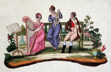 Three people playing musical instruments in a garden: harp, lyre, viola. Etching of the 18th century.
