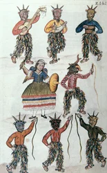 Traditional dance of the Diablicos in Peru, from the book Trujillo del Peru or Codice Martinez Compañón, by Baltazar Martinez Compañón y Bujanda, bishop of Trujillo (1782-1785)