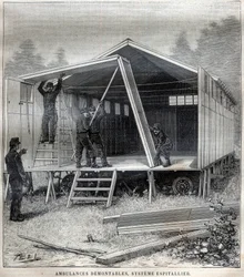 Transportable cardboard constructions: ambulances demontable, system invented by commander Espitallier - Engraving in 