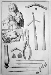 Trepanation of the skull, various instruments (engraving)
