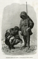 Tschuktschis fishing on ice in Koljutschin Bay (polar circle). Engraving from the Swedish edition, to illustrate the story 