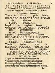 Utopiensium Alphabetum (Utopian Alphabet) from the 1518 third edition of “Utopia” by Sir Thomas More (1478-1535), first published in 1516. Woodcut shows the fictitious language used on the island of Utopia.