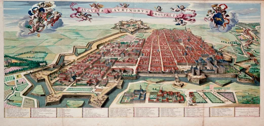 View and map of the city of Turin in 1700. Colored print
