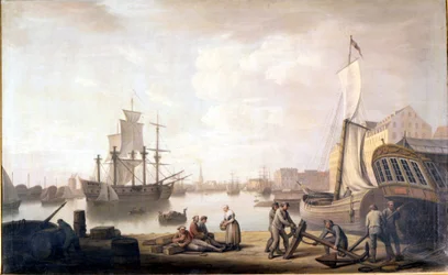 View of Copenhagen Harbour in Denmark. 18th century painting