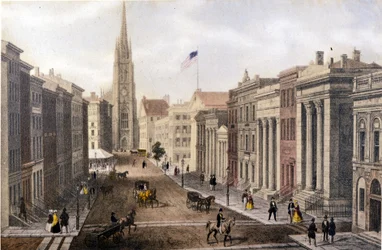 View of New York: Wall Street view of William Street. Lithograph around the middle of the 19th century.