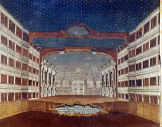 View of the theater San Samuele in Venice destroyed by fire in 1747. Drawing of the 18th century.