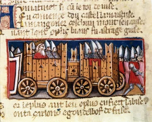 War machines, precursor of the weapon tank, used by Charlemagne against the Moors of Spain - in Entrance of Spain, manuscript of the 14th century. Biblioteca Marciana, Venice