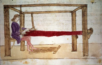 Wool weaving. Miniature from a 14th-century manuscript. Florence, National Library
