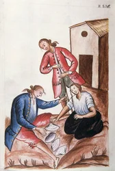 Young Indians Playing the Game of Shells, from the Book "Trujillo del Peru" or "Codex Martinez Compañón" by Baltazar Martinez Compañón y Bujanda, Bishop of Trujillo