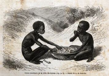 Young beggars of the Kychi tribe (located in the Upper Nile region) taking a meal exchange for a few bundles. Engraving to illustrate the voyage to Lake Albert