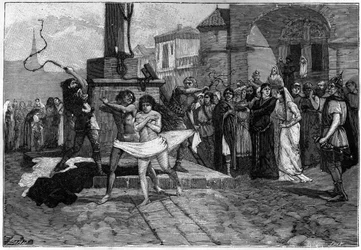 A Man and a Woman Adulterers Are Whipped on the Public Square in a Village in France in the Middle Ages