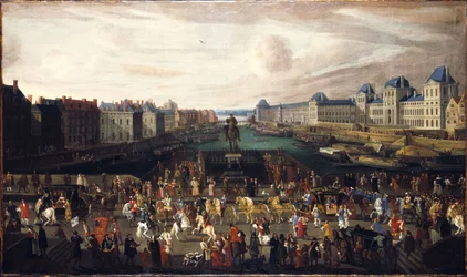 The Pont Neuf, seen from the entrance to Place Dauphine, the Quai Malaquais with the Collège des Quatre-Nations under construction, the Grande Galerie and the Louvre, around 1665. A procession crossing the bridge, between 1665 and 1669