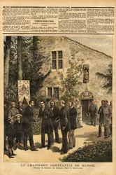 The visit of Constantine Nicolaevich Romanov (1827-1892) Grand Duke of Russia and cousin of Tsar Alexander III (1845-1894), to the house of Joan of Arc in Domremy. Engraving in “Le petit journal” 25/06/1892. Selva