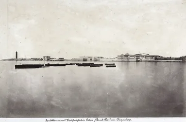 Boats in the Middle of the Sea with Part of the City of Alexandria in the Background, in Egypt