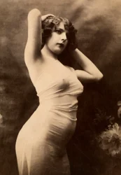 Half-length portrait in profile of a young woman in transparent attire