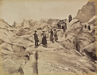 Hikers on the "Mer de Glace" ice on Mont Blanc, Chamonix, France