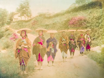 Japanese Women. Seven Japanese Women Stand in Line on a Rural Road. Japan, circa 1910.