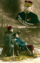 WWI Postcard, Marshal Joseph Joffre Addressing the "Poilus": "Soldiers! In Reward for Your Vigilance, Victory."