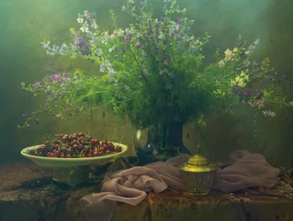 Dark Floral Cherry Still Life