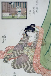 Hour of dragon, Fifth to seventh hour of morning, Ca 1818, Ukiyo-e art print by Utagawa Kunisada from The twelve hours in Yoshiwara