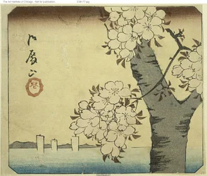 Flowers at Goten Hill, section of a sheet from the series "Cutouts of Famous Places in Edo"