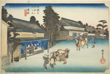 Narumi: Famous Tie-dyed Fabrics of Arimatsu, from the series "Fifty-three Stations of the Tokaido," also known as the Hoeido Tokaido