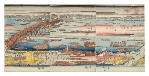 Panoramic View of a Summer Evening at Ryogoku Bridge
