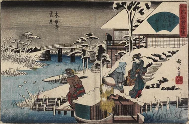Snow Scene at Mokubo-ji Temple and the Restaurant Uekiya, c. 1835-1842