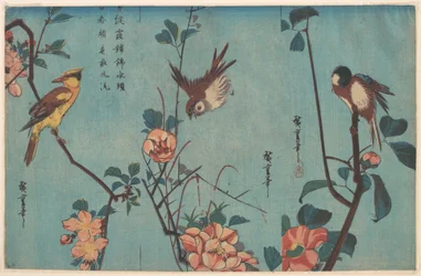 Titmouse and Camellias (right), Sparrow and Wild Roses (center), and Black-naped Oriole and Cherry Blossoms (left)