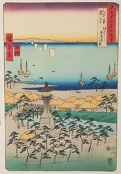 Demi Coast and Lighthouse in Settsu Province / Settsu Sumiyoshi Demi no Hama, Plate 5 from the Series: Views of Famous Places in Sixty-odd Provinces / Rokuju yoshu meisho zue