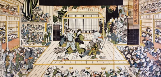 Kabuki theatre performance in Edo, ukiyo-e art print by Utagawa Kunimaru (1794-1829), Japanese civilization, Edo period
