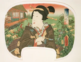 Autumn, Hanayashiki: A geisha with a pipe, design for a fan from a set of four illustrating the seasons