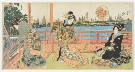 Shinmachi in Osaka: High-ranking courtesans enjoying themselves at the Ukamuse restaurant, from the series "Famous Restaurants in the Provinces"