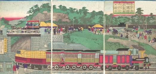 Illustration of a Steam Locomotive Running on the Takanawa Railroad in Tokyo